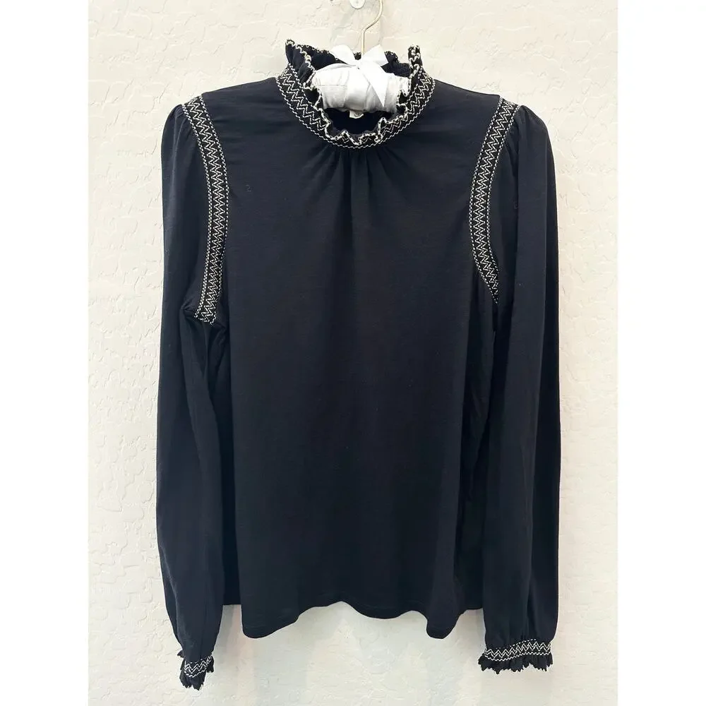 BODEN Tia Smocked Neck Jersey Top Black Embroidered Mock Neck Classic Size 6